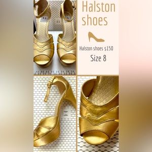 Halston size 8 gold leather heels $150 in original box worn once